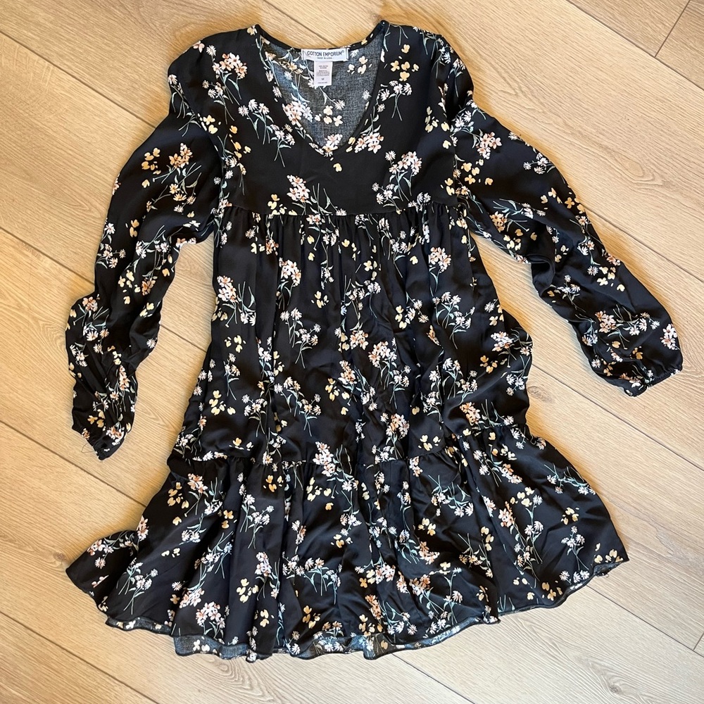 NWT Cotton Emporium Tiered Mini Dress - Black Floral - M